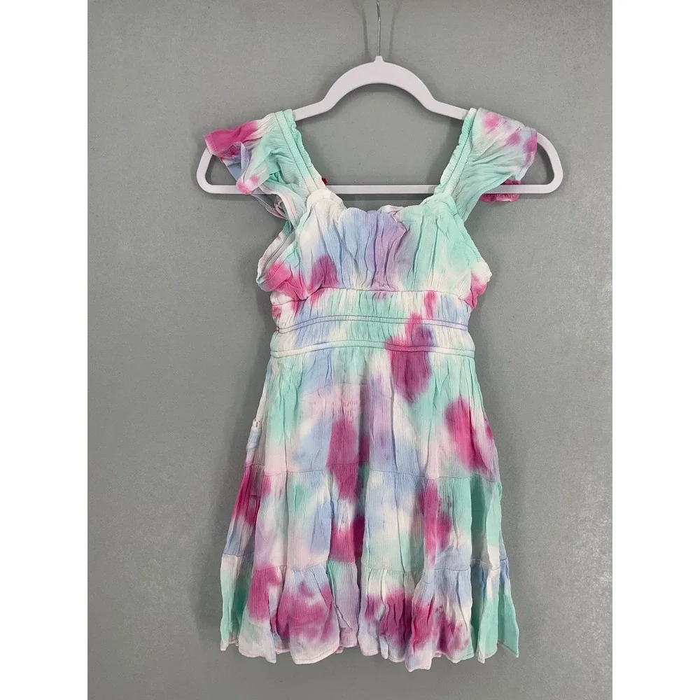Justice Girls Tie Dye Effect Ruffle Tiered Smocked Dress Multi Size S 7/8